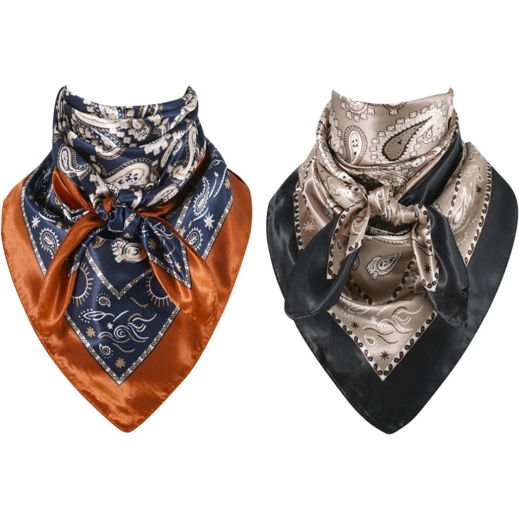 Mens Wild Rag 2 Pack, Western Scarves Cowboy, Silk Feel Bandana Square 35 Inch